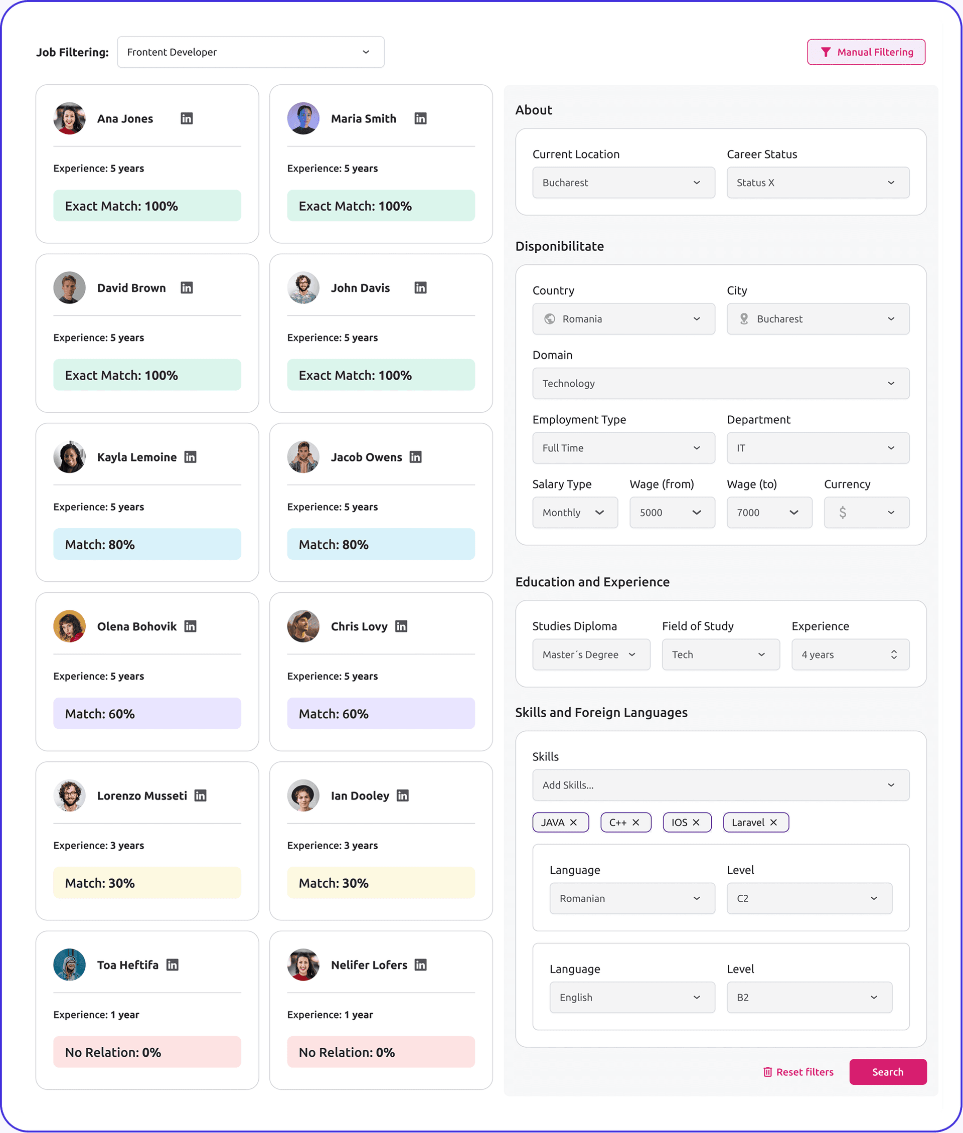 AI-powered candidate matching interface showing availability, skills, and profile verification