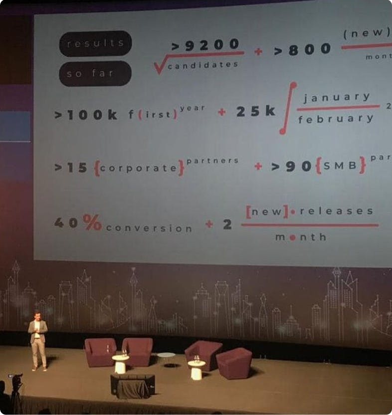 A man on a stage presenting recruitment industry statistics.
