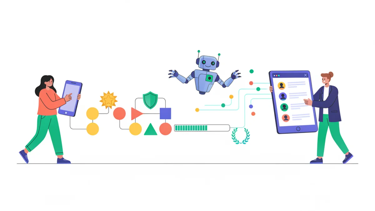 A candidate at a smartphone moving through a game-style level path with badges and progress bars, while a friendly robot assistant sorts the resulting scores into a clean ranked shortlist on a recruiter's dashboard. Modern flat illustration, energetic and confident mood, against a deep violet gradient background matching the hero.