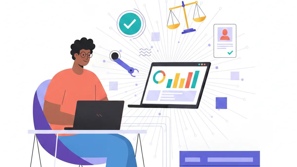 A recruiter at a laptop reviewing an AI hiring dashboard, with floating icons for a bias-audit checkmark, a balance scale, and a candidate-notice document representing fairness and transparency. Set against a deep violet gradient background matching the hero. Modern flat illustration style, confident and trustworthy mood.