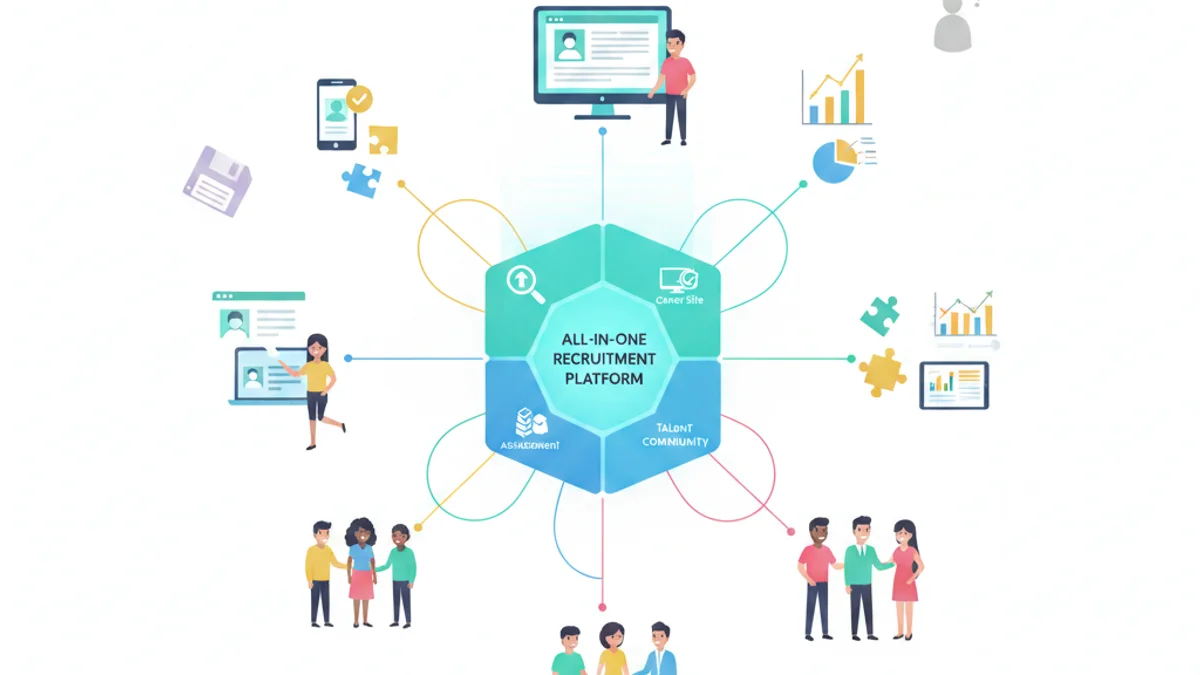 A single glowing recruitment platform hub at the centre, with icons for sourcing, career site, assessment, talent community, and analytics connecting cleanly into it - replacing a scattered pile of disconnected tools drifting away. Modern flat illustration, confident and clean mood, against a deep violet gradient background matching the hero.
