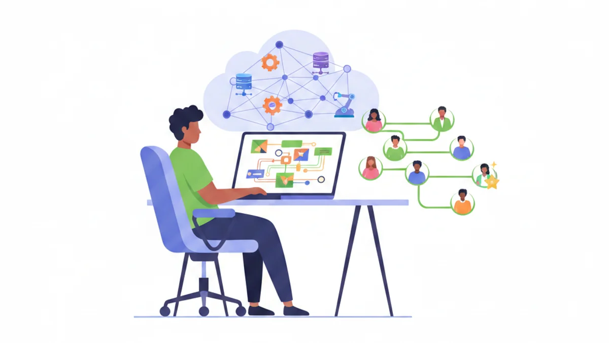 Talent Acquisition leader reviewing recruitment tech stack (tech stack should not be a stack of computers) decision framework on laptop with talent pipeline data. The main photo should have a layout that is using the full horizontal length and it is aligned middle vertically, leaving a blank space on the top and on the bottom of the photo.