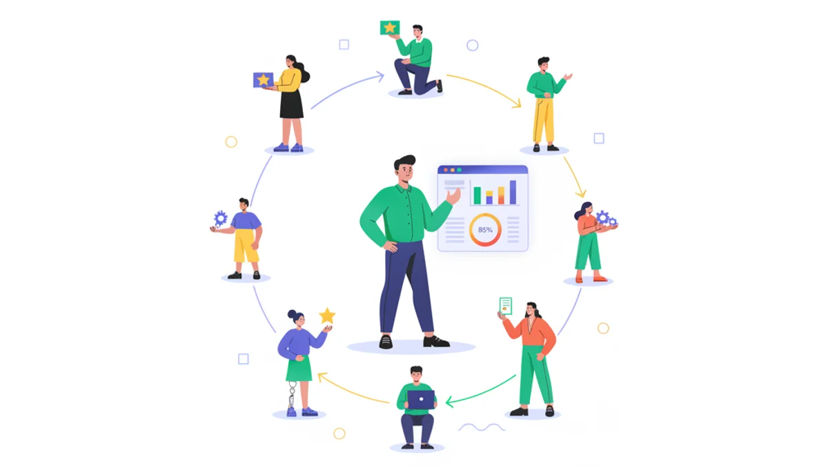 A CHRO at the centre of one connected loop of people — candidates, employees, and alumni — linked by glowing engagement lines that feed a simple retention dashboard beside them. Modern flat illustration against a deep navy gradient matching the hero (#003B5C). Confident, human, strategic mood.