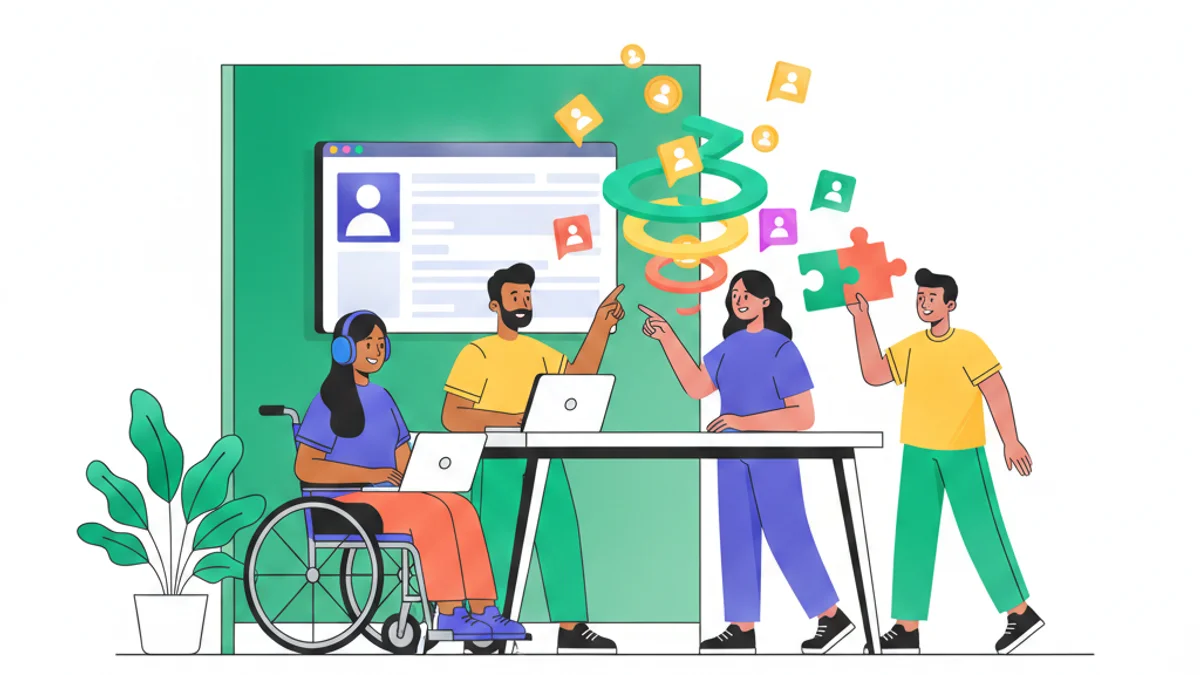 A diverse group of professionals working together in a bright, accessible office - one using a wheelchair, one wearing noise-cancelling headphones - with colourful skill badges and puzzle pieces clicking into a hiring funnel around them. Set against a deep green gradient background matching the hero. Modern flat illustration style, warm and confident mood.