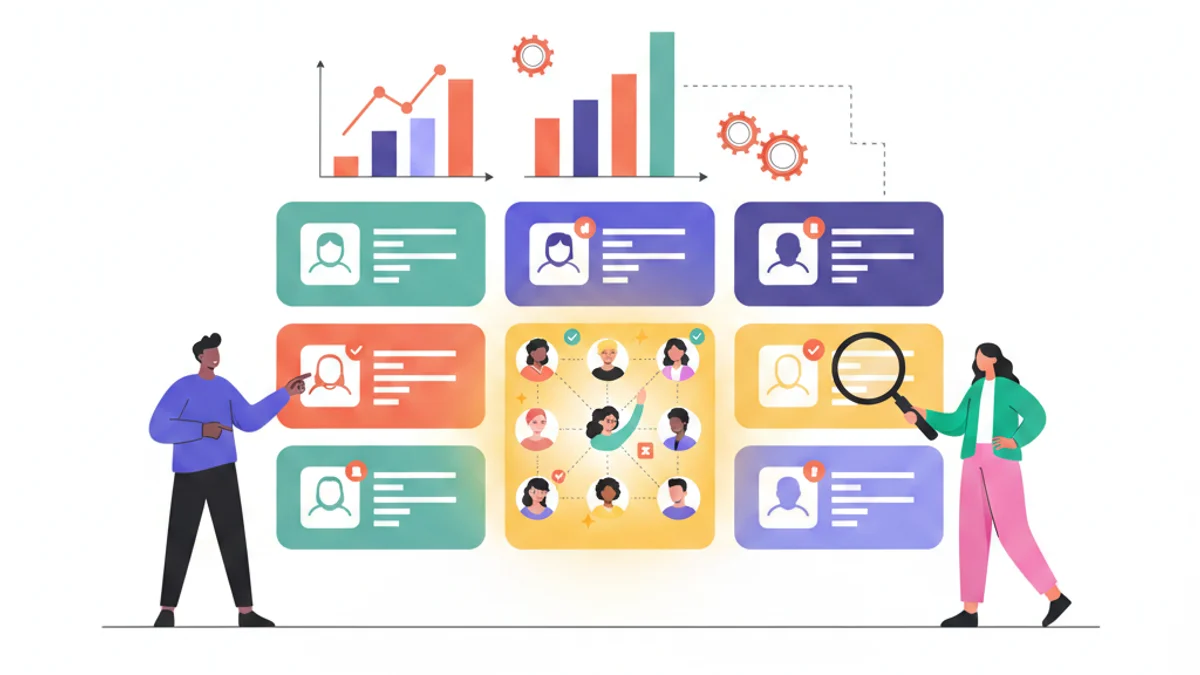 Nine platform tiles arranged as a comparison grid on a desk, with one tile glowing to show an active community of connected candidate avatars around it. Modern flat illustration, confident and analytical mood, against a deep navy gradient background matching the hero.