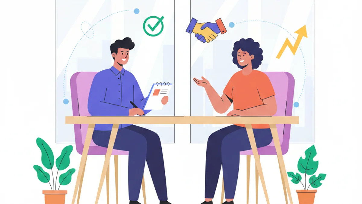 A recruiter and candidate sitting across from each other at a modern desk, both leaning forward with genuine engagement and positive body language. The recruiter is actively listening with a notepad, while the candidate appears confident and interested. Around them are floating elements like a checkmark, a handshake icon, and an upward arrow, symbolizing clarity, alignment, and successful outcomes. The setting is a bright, contemporary office space with large windows.