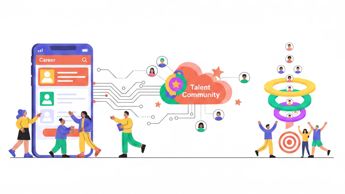 Show how career page visitors convert into applicants via a mobile-first career page and a talent community layer. The main photo should have a layout that is using more the full horizontal length and it is aligned middle vertically, leaving a blank space on top and on bottom of the photo.