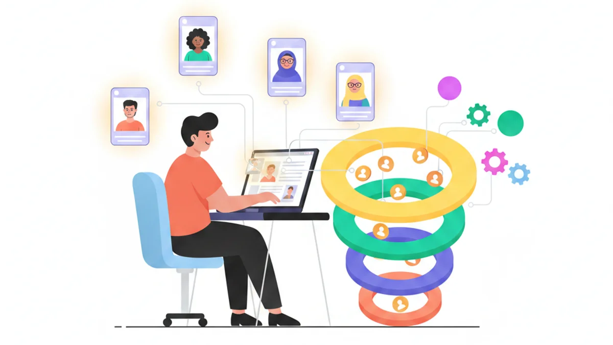 A talent leader at a laptop calling up a warm bench of flexible workers, shown as friendly candidate cards lighting up and connecting into a hiring funnel, against a deep navy gradient background matching the hero. Modern flat illustration, confident and energetic mood.