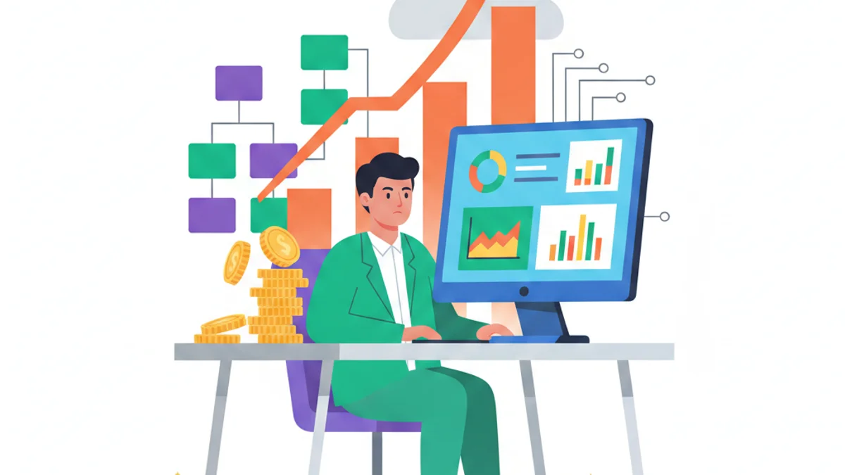 A CFO at a desk reviewing a hiring-cost dashboard, with stacked coins and rising cost figures represented as orange bars climbing out of an org chart. Modern flat illustration, serious but clear mood, against a warm orange gradient background matching the hero. Convey hidden costs surfacing into view.