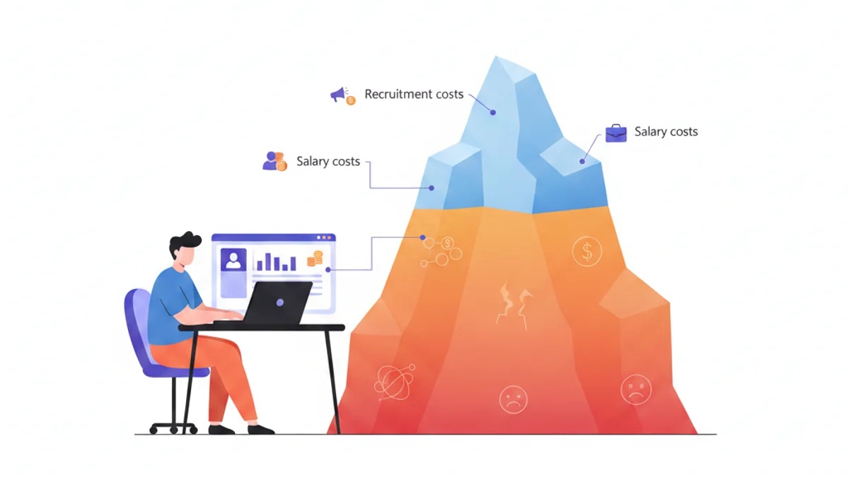 A CFO at a desk reviewing a financial dashboard where recruitment and salary costs stack into a much larger hidden iceberg of turnover cost below the surface, against a warning-orange gradient background matching the hero. Modern flat illustration style, serious and analytical mood.