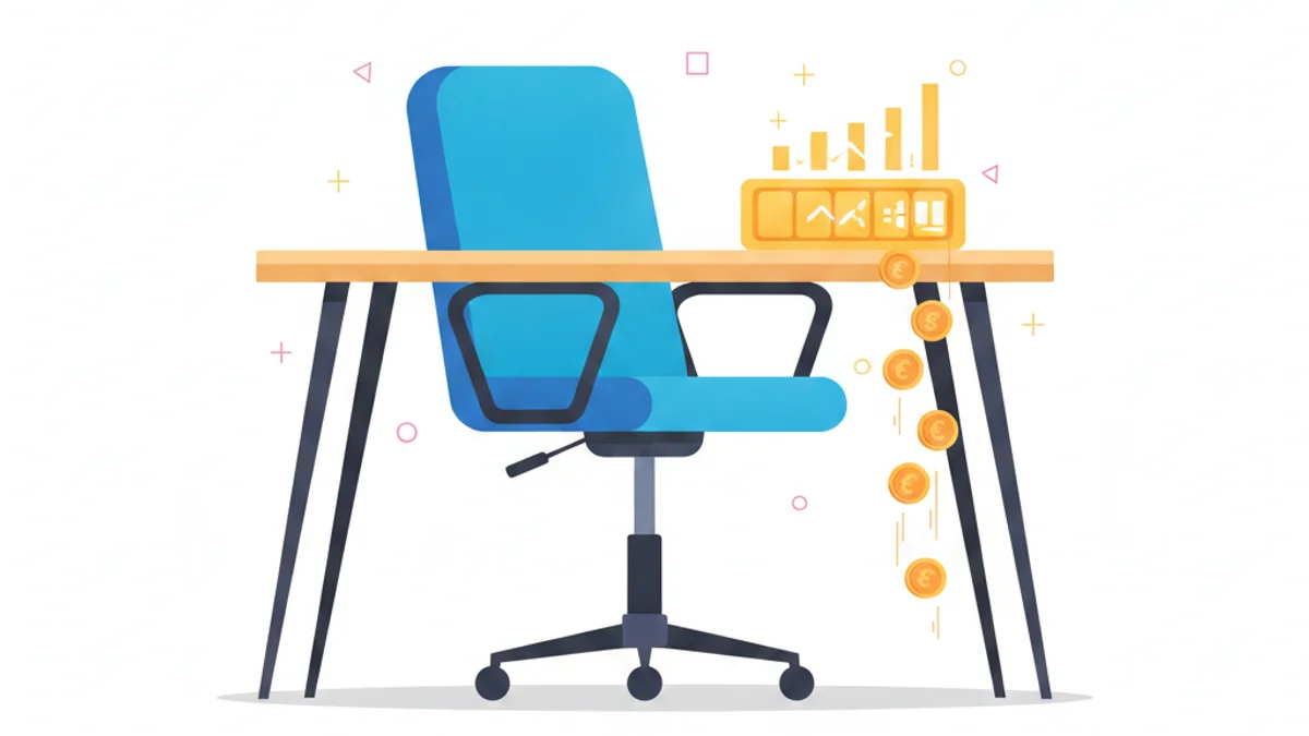 A single empty office chair at a tidy desk, with a glowing daily cost counter ticking upward beside it and small euro coins slipping away. Represents revenue quietly draining while a role stays open. Modern flat illustration, confident but urgent mood, against a warm orange gradient background matching the hero.