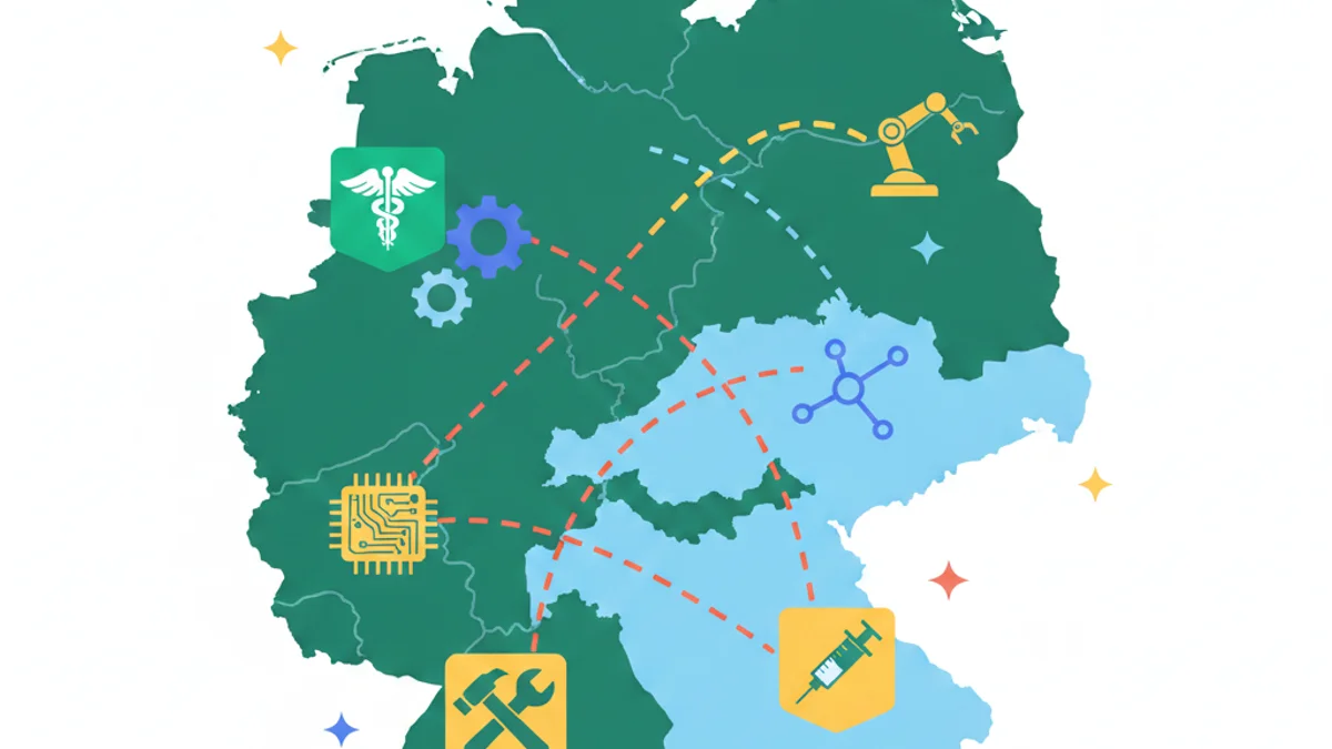 A stylised map outline of Germany, Austria, and Switzerland joined together, with colourful skill badges (healthcare, engineering, IT, trades) floating above each country against a deep green gradient background matching the hero. Modern flat illustration style, confident and growth-focused mood.
