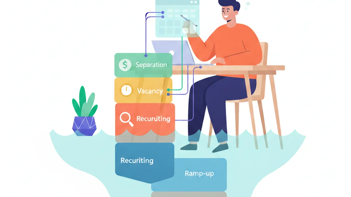 A single desk scene where an HR leader looks at a floating cost calculator, with four stacked cost blocks - separation, vacancy, recruiting, ramp-up - rising like an iceberg, most of it below a waterline. Modern flat illustration, confident but sobering mood, against a warm orange gradient background matching the hero.
