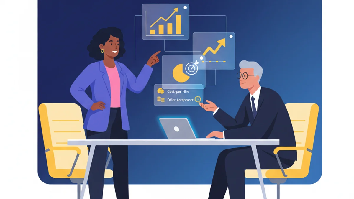 A CHRO or senior HR leader presenting a clean financial dashboard to a CFO across a boardroom table. Employer brand metrics — cost-per-hire, offer acceptance rate, time-to-fill — shown as bold numbers floating above the table as holographic data cards. Flat illustration style, confident and executive mood, against a deep navy (#003B5C) gradient background matching the hero.