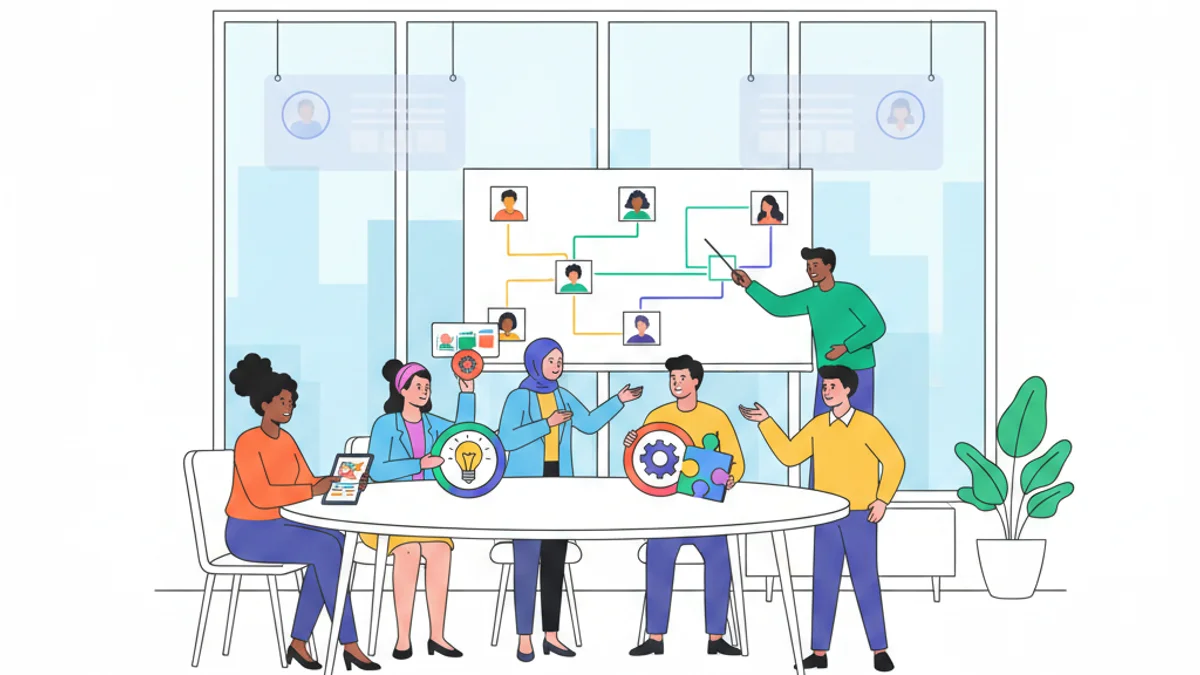 A professional workspace scene showing a diverse team collaborating around a table with talent pipeline diagrams and employer brand assets visible. In the foreground, a talent leader reviews recruitment metrics on a tablet while team members engage in discussion. Large windows frame a modern office backdrop, with charts and candidate profiles subtly integrated into the environment. The scene conveys strategic planning, data-driven decision-making, and cohesive team alignment around a shared talent mission.