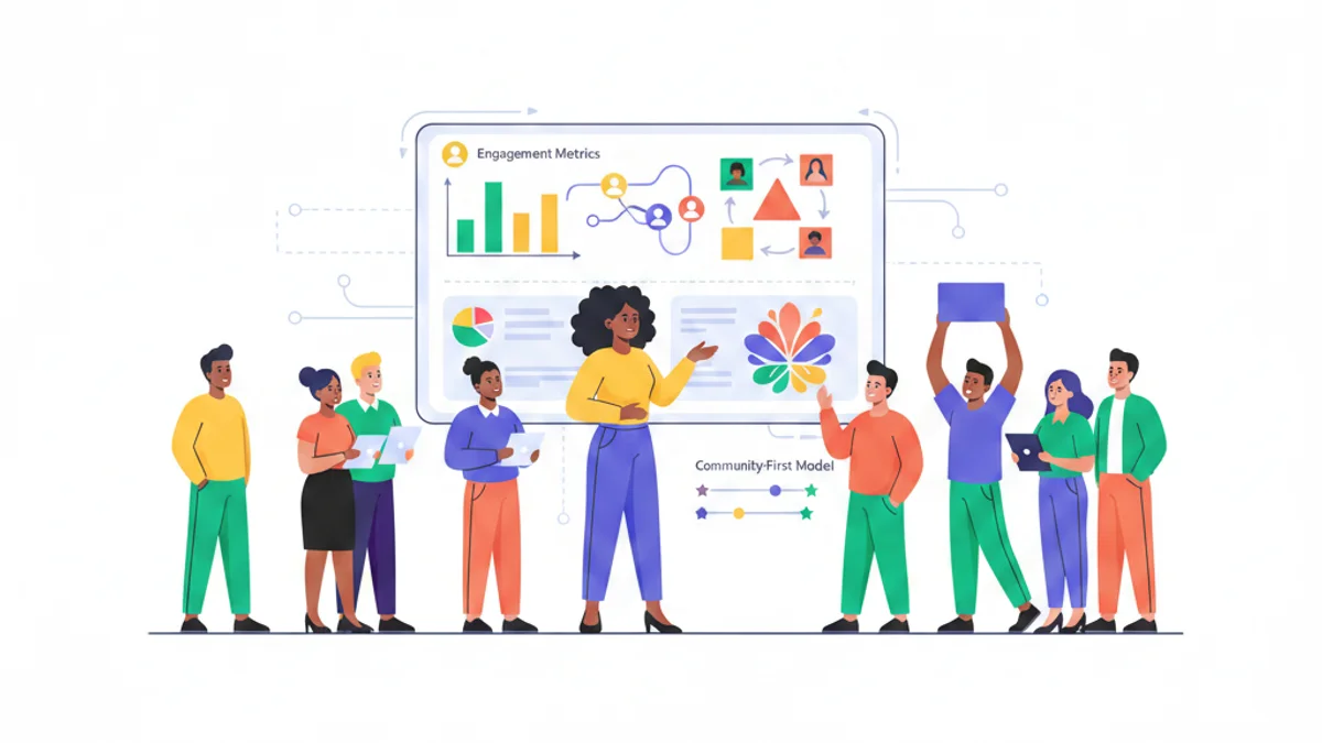 CHRO presenting a community-first retention model on a strategy board with engagement and mobility metrics. The main photo should have a layout that is using more the full horizontal length and it is aligned middle vertically, leaving a blank space on top and on bottom of the photo.