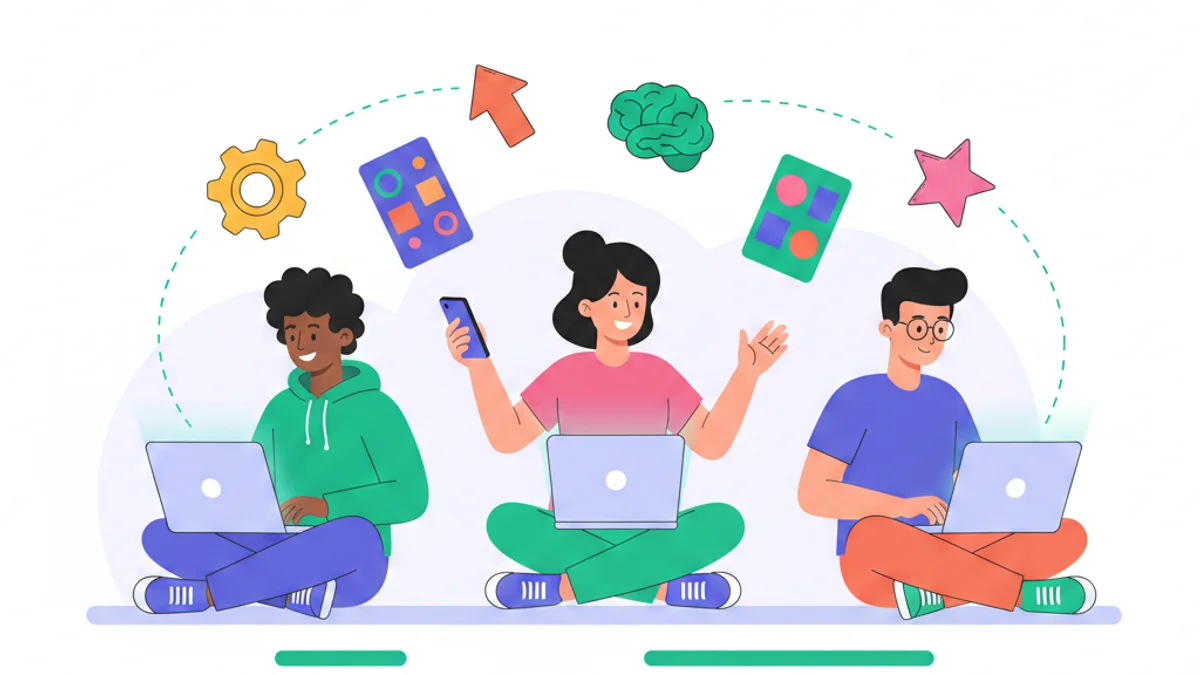 A diverse group of young professionals at laptops and phones, with colourful skill-badge icons and challenge cards floating around them — representing a gamified entry-level assessment in progress. Flat illustration style, energetic and inclusive mood. Against a sky-blue gradient background matching the hero colour (#00A8E8).