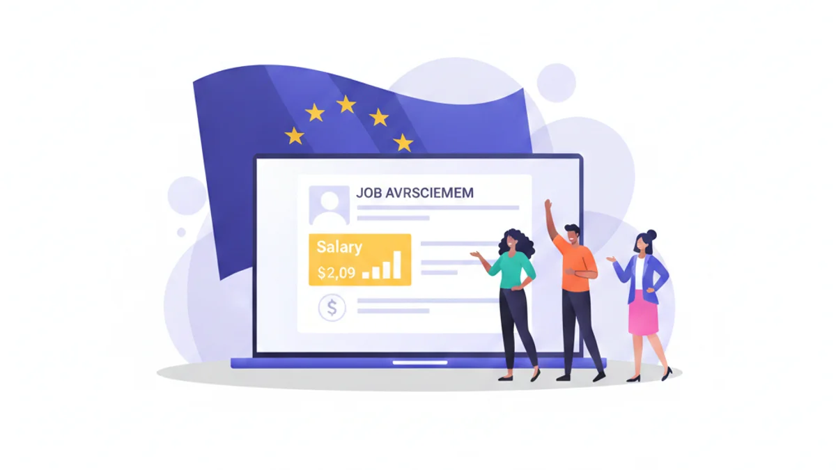 A single job advertisement card on a laptop screen with a clearly visible salary range highlighted, an EU flag motif subtly worked into the background against a deep navy gradient matching the hero. Modern flat illustration style, clean and confident mood, conveying openness and trust rather than legal heaviness.