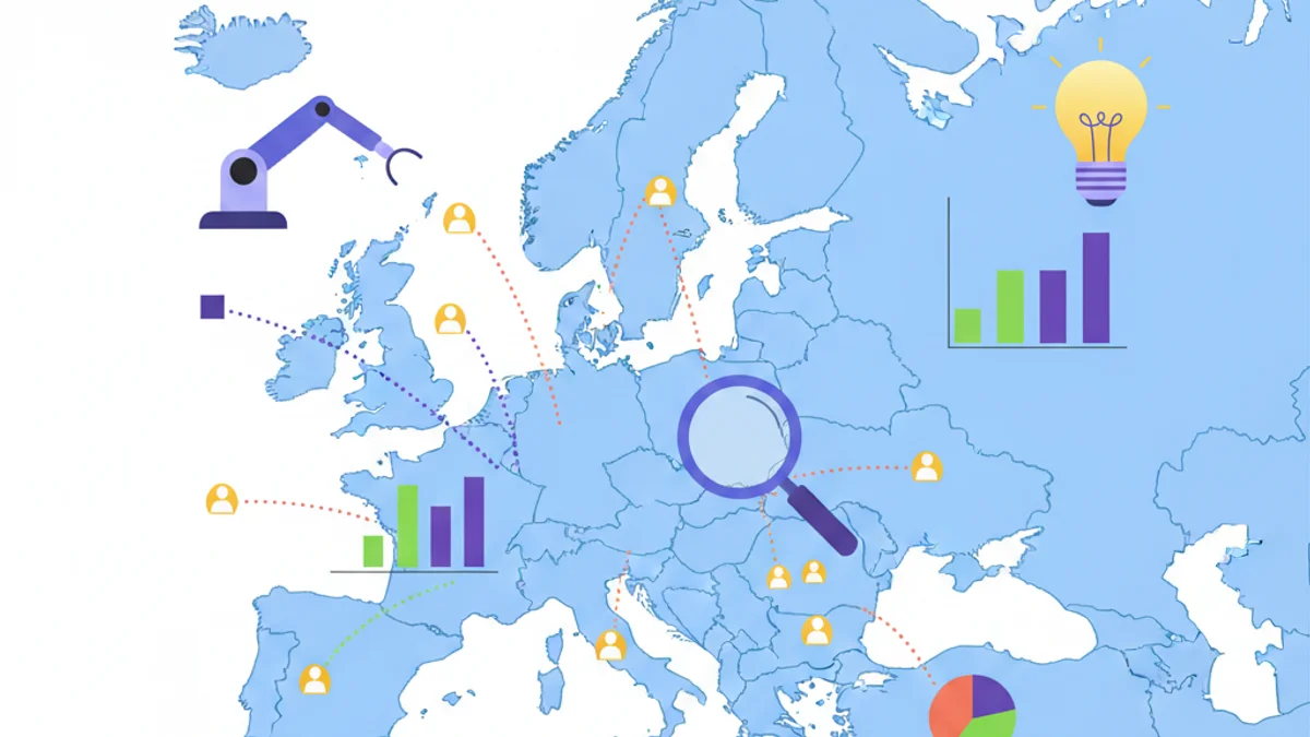 Map of Europe with talent market data overlays highlighting recruitment trends for 2026. The main photo should have a layout that is using the full horizontal length and it is aligned middle vertically, leaving a blank space on the top and on the bottom of the photo. The photo should be simple, light and not very crowded and the graphics should not have any text on it