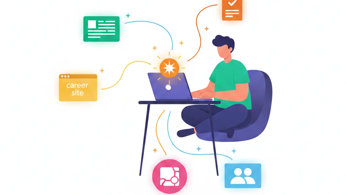A single candidate at a laptop with the employer's value proposition flowing outward into five connected hiring touchpoints, job ad, career site, assessment, interview, and offer, shown as glowing linked nodes around them. Modern flat illustration, confident and human mood, against a deep navy gradient background matching the hero.