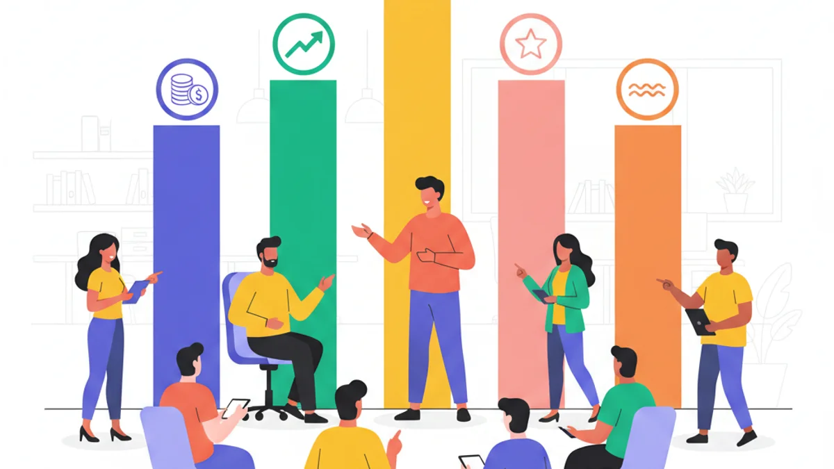 An HR leader or People director presenting a structured framework diagram — five coloured pillars representing compensation, growth, culture, purpose, and flexibility — to a diverse group of professionals in a modern open-plan office. Flat illustration style, confident and collaborative mood, against a deep navy gradient background matching the hero colour.