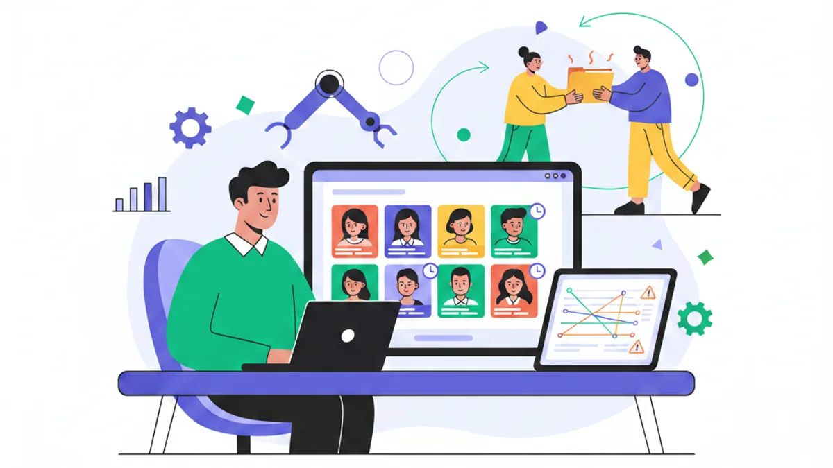 A professional workspace showing a HR manager or talent leader at a desk reviewing documents and digital screens displaying contractor profiles, timelines, and risk indicators. In the background, a subtle visual representation of knowledge transfer—perhaps a figure handing off a folder or data flowing between people—suggests the complexity of managing contingent workforce dependencies. The overall scene conveys both control and complexity, with a sense of strategic oversight.