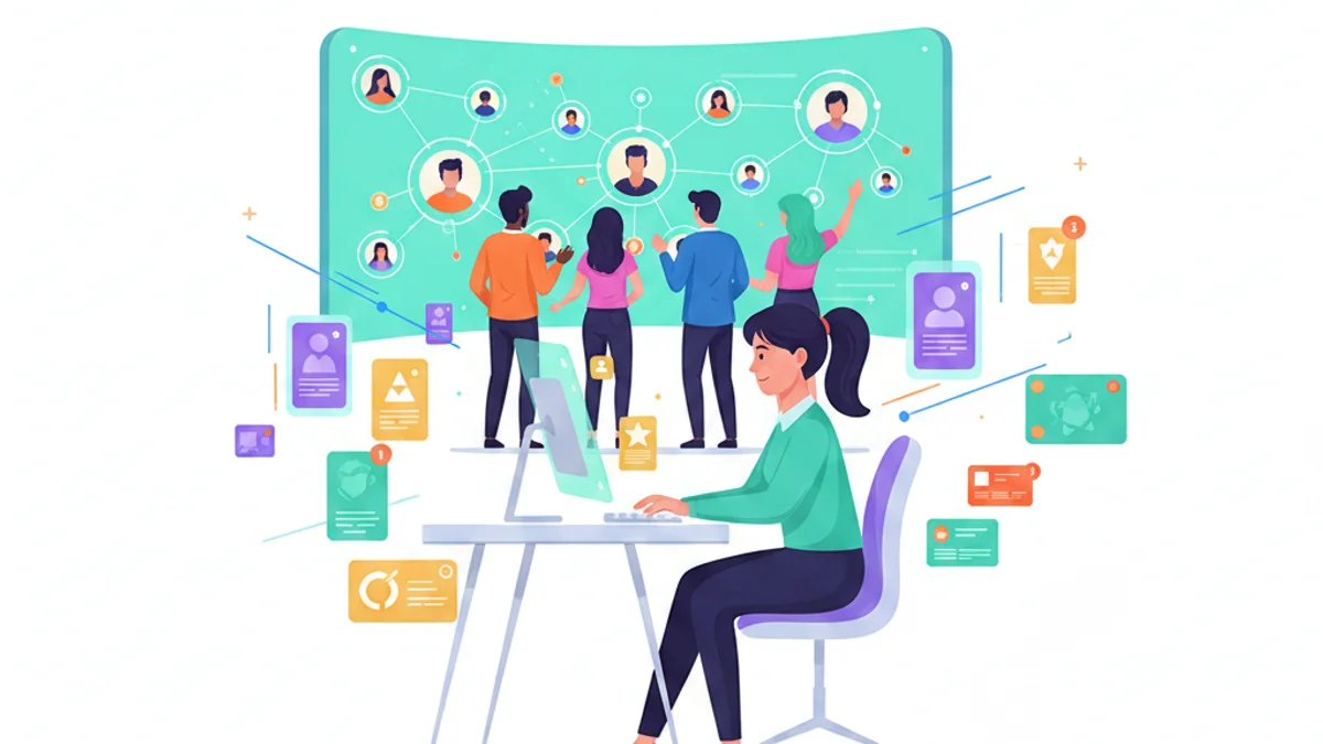 A modern office workspace where a recruiter sits at a desk surrounded by floating digital cards representing candidate profiles, skill badges, and challenge icons. In the background, a diverse group of professionals interact with a large interactive screen displaying a talent community network. The scene shows motion and energy — some cards are being sorted, others are lighting up with notifications. The setting feels forward-thinking and connected, with clean lines and an emphasis on digital interaction and community building.