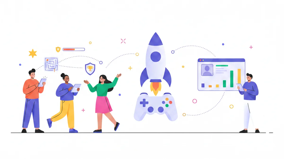 A diverse group of candidates completing interactive challenges on phones and laptops, with game mechanics — points, badges, progress bars — floating around them against a deep violet gradient background matching the hero. A recruiter dashboard showing ranked candidate scores visible in the background. Modern flat illustration style, confident and energetic mood.