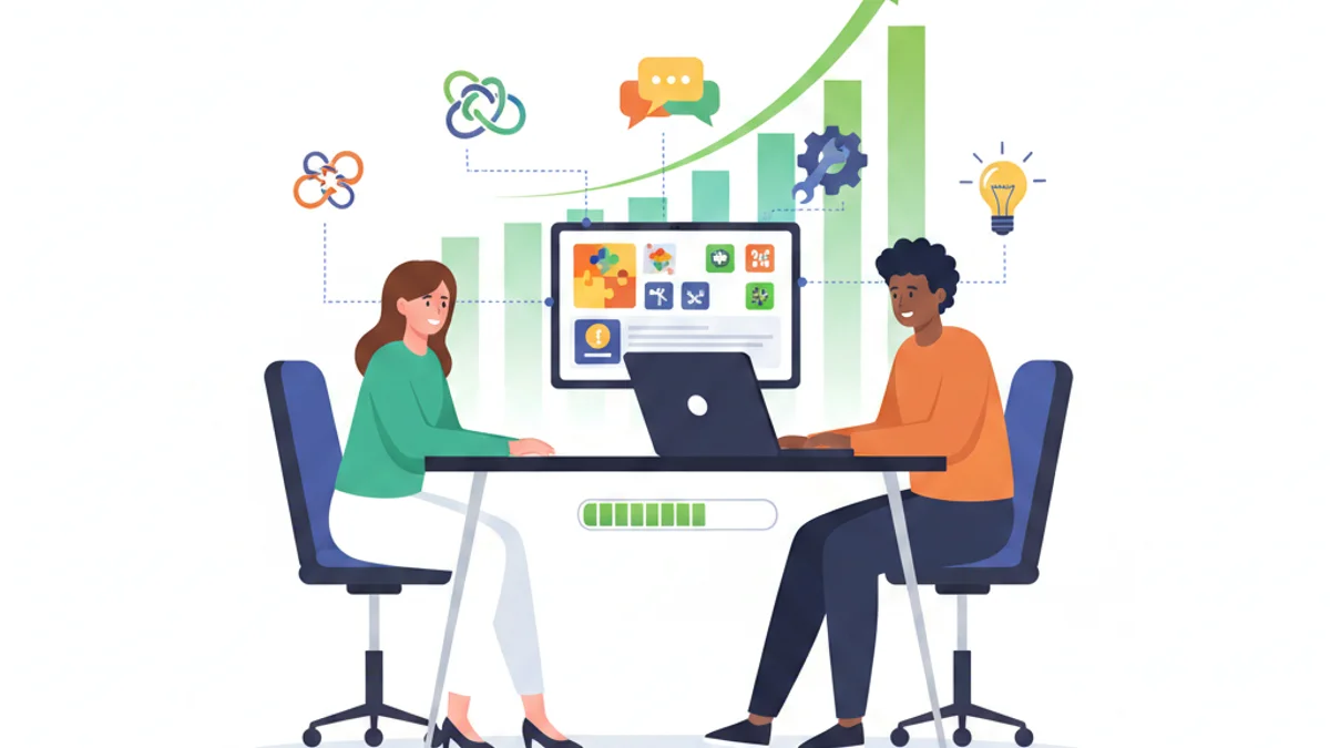 A professional woman and man sitting at a desk with a laptop, engaging with an interactive skill assessment game displayed on the screen. Around them, floating icons represent different competencies (problem-solving, communication, technical skills) being measured in real-time. In the background, a subtle upward trending graph visualizes improving hiring outcomes. The scene conveys active evaluation, engagement, and data-driven decision-making in a modern office setting.