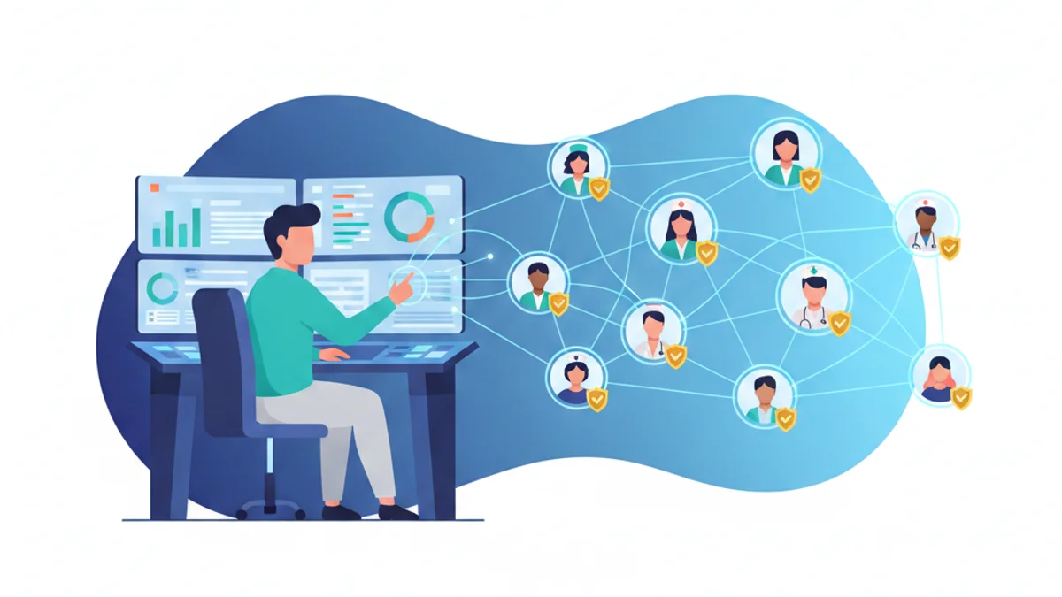A clinical recruitment lead at a dashboard activating a warm pool of nurses and specialists, shown as connected profile nodes with verified-licence badges forming a community network, against a deep navy gradient background matching the hero. Modern flat illustration, confident and reassuring mood.