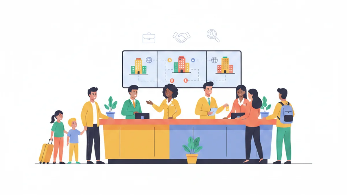 Hospitality team checking in guests at a hotel front desk, illustrating multi-site hospitality recruitment. The main photo should have a layout that is using the full horizontal length and it is aligned middle vertically, leaving a blank space on the top and on the bottom of the photo.