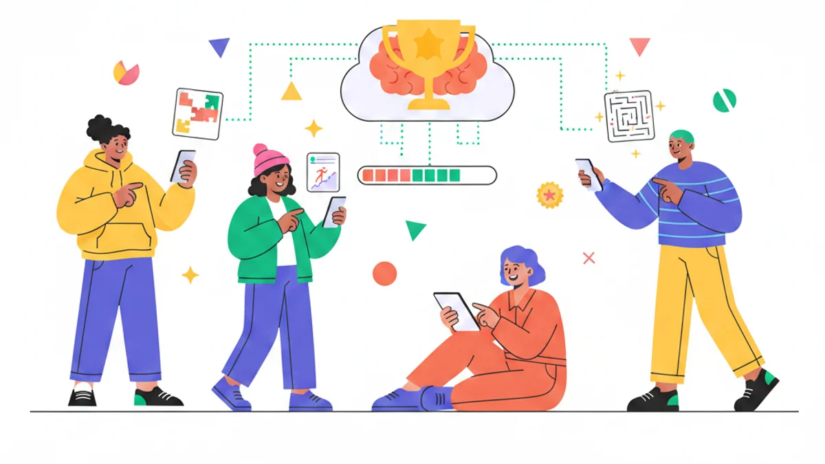 Diverse Gen Z candidates engaging individually with a gamified mobile recruitment challenge. The main photo should have a layout that is using the full horizontal length and it is aligned middle vertically, leaving a blank space on the top and on the bottom of the photo.