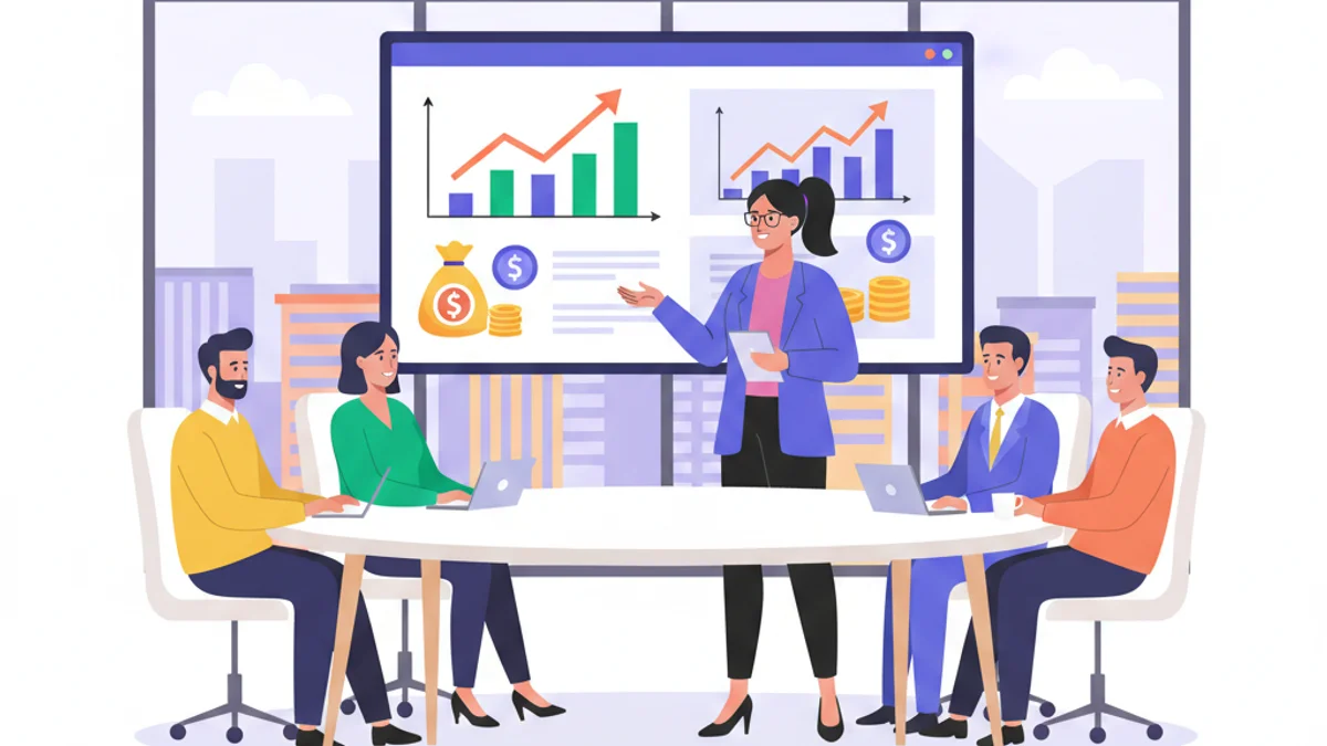 A professional woman in business attire presenting data charts and financial graphs to a seated group of board members around a polished conference table. Large upward-trending charts, ROI metrics, and cost-benefit visualizations are displayed on a screen behind her. The setting is a modern, well-lit boardroom with floor-to-ceiling windows overlooking a city skyline. The atmosphere conveys confidence, clarity, and strategic decision-making.