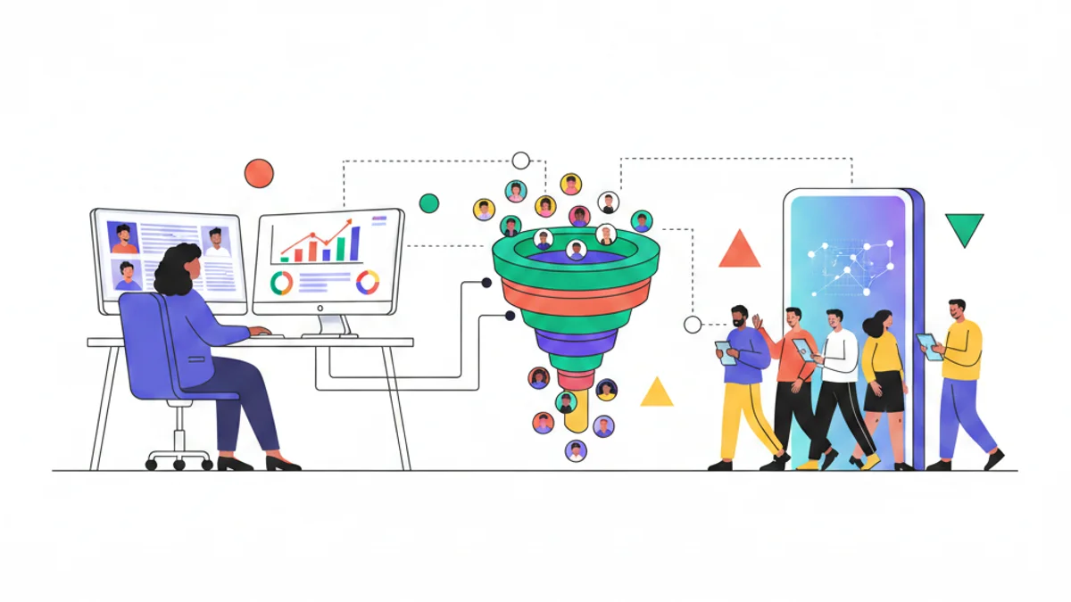 A clean, modern workspace showing a recruiter or HR professional at a desk with multiple screens displaying candidate profiles, pipeline data, and recruitment metrics. In the background, a diverse group of candidates are visible—some actively engaged on their devices, others walking through a digital doorway. Visual elements include upward-trending charts, interconnected nodes representing talent networks, and a funnel visualization narrowing from many candidates to select top performers. The scene conveys both the complexity of modern recruitment and the clarity that technology brings to the hiring process.