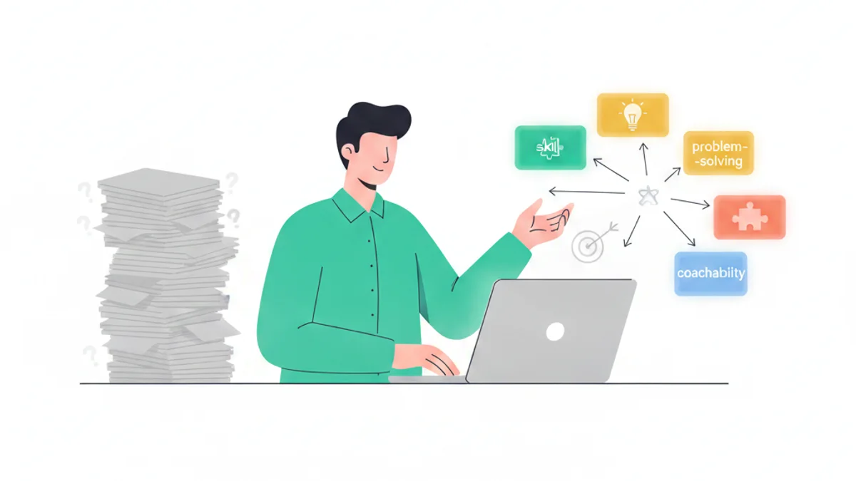 A hiring leader at a laptop choosing between two paths: a tall stack of identical grey CVs on one side, and a set of glowing candidate signal cards (skill, problem-solving, coachability, fit) on the other, arrows pointing toward the signals. Modern flat illustration, confident and analytical mood, against a deep navy gradient background matching the hero.