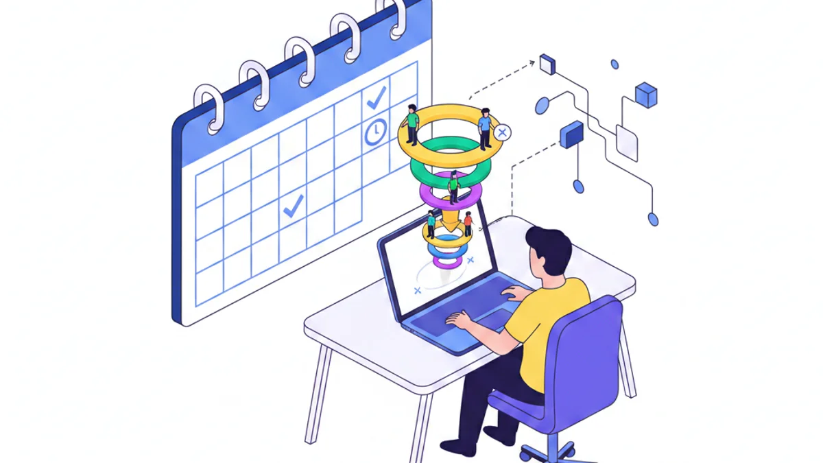 A talent acquisition professional sitting at a desk reviewing a hiring funnel diagram on a monitor, with candidates represented as figures moving through different stages of the pipeline. Some figures are progressing smoothly while others show drop-off points marked with subtle visual indicators. In the background, a calendar shows response time deadlines and feedback checkpoints. The scene conveys organized efficiency and methodical process improvement.