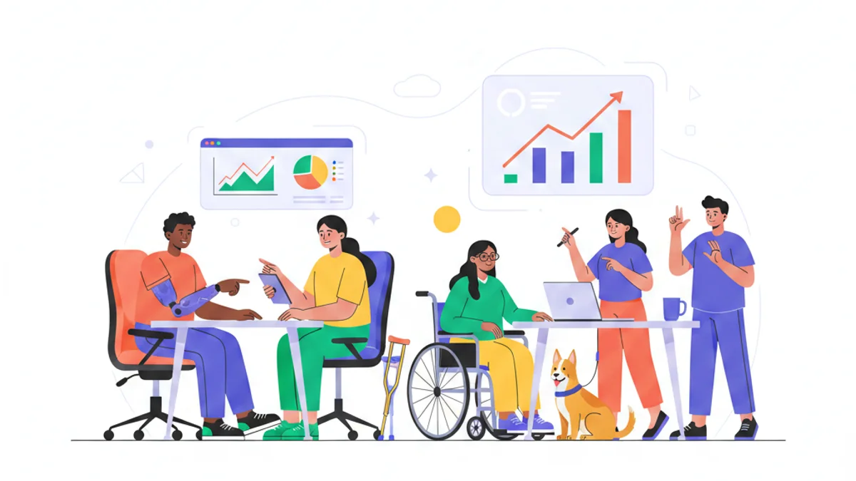A diverse team of professionals collaborating around a modern workspace—people of different backgrounds and abilities working together at desks, in conversation, and reviewing data on screens. The scene shows inclusive elements like accessible seating, assistive devices, and collaborative energy. A upward-trending graph or growth chart is subtly visible in the background, symbolizing business success and positive momentum.