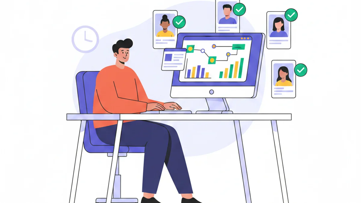 A recruiter at a modern desk, calmly reviewing a pre-built pipeline dashboard on a large screen — surrounded by floating candidate profile cards and green checkmarks indicating qualified matches. Contrast with a small, faded clock in the background suggesting urgency has been replaced by preparation. Modern flat illustration style, confident and calm mood, against a deep navy gradient matching the hero (#003B5C).