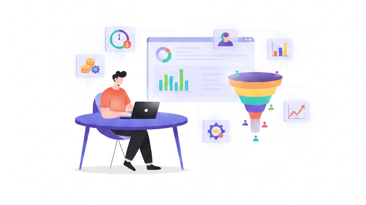 A recruitment leader studying a clean analytics dashboard, with eight glowing KPI tiles - time-to-fill, cost-per-hire, quality of hire - floating around the screen as a connected funnel. Modern flat illustration, confident and data-driven mood, against a deep violet gradient background matching the hero.
