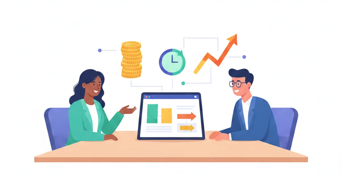 A talent leader presenting a one-page business case to a CFO across a boardroom table, with floating financial icons — a coin stack, a payback clock, and a rising ROI line — replacing recruiter activity charts. Set against a deep navy gradient matching the hero. Modern flat illustration, confident and executive in mood.