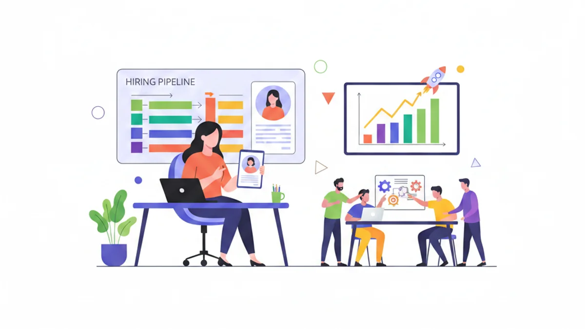 A professional workspace scene showing an HR leader or recruiter at a desk with multiple layers of hiring activity visible: a candidate profile card in focus, a hiring pipeline board in the background, team members collaborating around a table, and upward-trending growth charts on a wall monitor. The setting conveys strategic thinking, teamwork, and measurable business impact through recruitment.