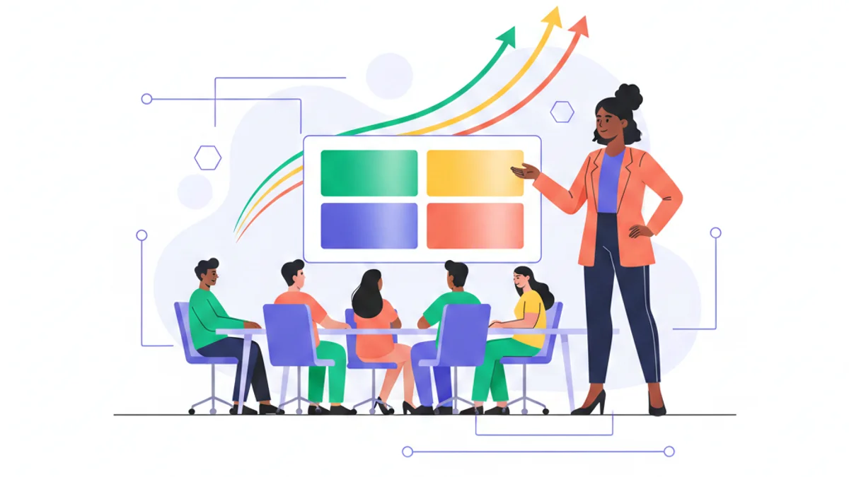 A confident CHRO presenting a clean recruitment dashboard to a boardroom, with four glowing metric tiles — quality of hire, cost per hire, time to productivity, attrition — rising as a trend line behind her. Modern flat illustration, authoritative and clear, against a deep navy gradient matching the hero.