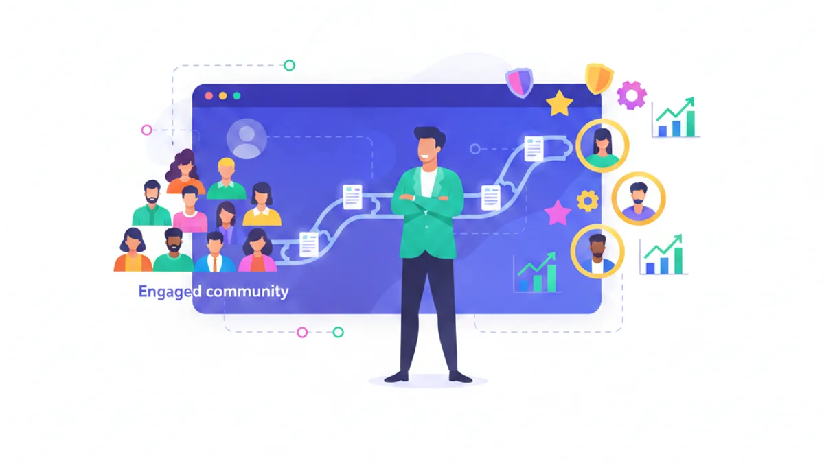 A confident CHRO standing before a large dashboard where a talent pipeline flows from an engaged community into filled roles, with skill badges and simple upward metrics floating around them. Set against a deep navy gradient matching the hero. Modern flat illustration, strategic and assured mood.