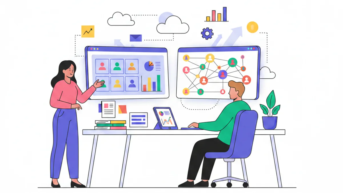 A modern office workspace showing two professionals collaborating at a desk with multiple digital screens displaying HR dashboards and talent profiles. One screen shows SAP SuccessFactors interface with employee data, while another displays a vibrant talent community network visualization with connected nodes representing candidates and employees. Documents and analytics charts are visible, symbolizing the integration of HR processes with talent acquisition. The scene conveys seamless workflow, data synchronization, and strategic talent management in a clean, professional environment.