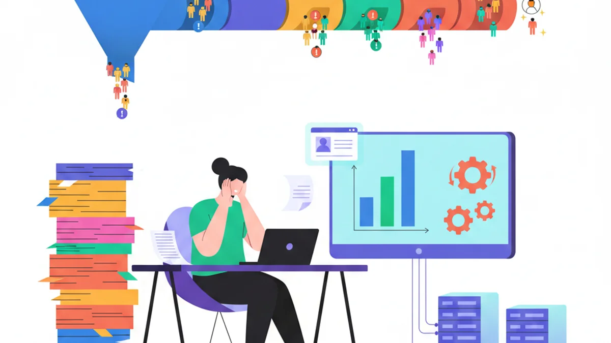 A busy HR professional at a desk surrounded by stacked résumés and digital screening tools, looking overwhelmed. In the background, a pipeline visualization shows bottlenecks and candidates getting stuck at different stages. The scene conveys frustration mixed with determination to solve the problem.