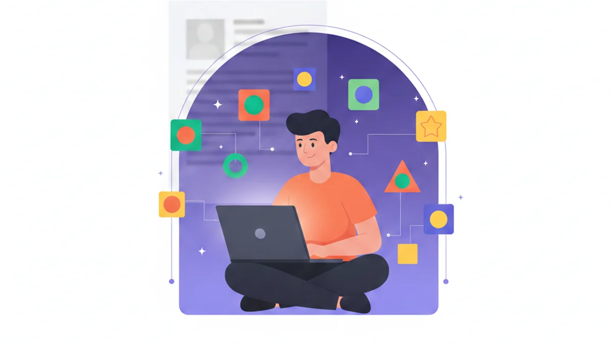 A single candidate at a laptop being evaluated on ability, shown as colourful skill badges clicking into place around them against a deep violet gradient background matching the hero. Modern flat illustration, confident and forward-looking mood. Contrast a faded paper CV in the background giving way to the glowing skill badges in front.
