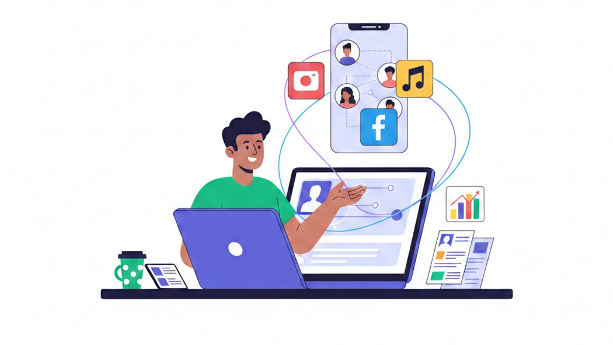 A professional workspace scene showing a recruiter at a desk with multiple social media platform icons (LinkedIn, Facebook, Instagram, TikTok) floating above a laptop screen, connected by flowing lines. In the background, silhouettes of candidates are visible through a mobile phone interface. The recruiter is actively engaged, pointing at candidate profiles while other elements like job posting cards and pipeline metrics appear organized on the desk. The setting conveys strategy, efficiency, and digital connection. The social media icons are mandatory to be visible