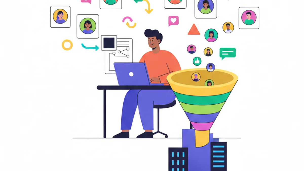 A recruiter at a laptop surrounded by floating social media profile cards, candidate avatars, and engagement icons (likes, comments, connections). The candidates flow from social feeds into a funnel leading to a branded talent community. Deep navy gradient background matching the hero. Clean flat illustration, confident and human in tone.