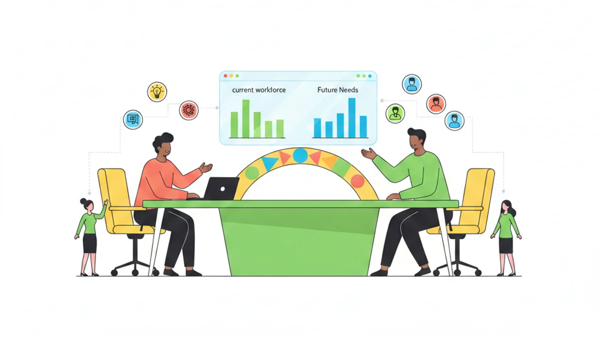 A CHRO at a boardroom table reviewing a forward-looking workforce dashboard, with skill badges and future role icons connecting current employees to open roles two years ahead. Represent the shift from reactive to planned hiring as a bridge closing a gap. Modern flat illustration, confident and strategic mood, against a deep navy gradient background matching the hero.