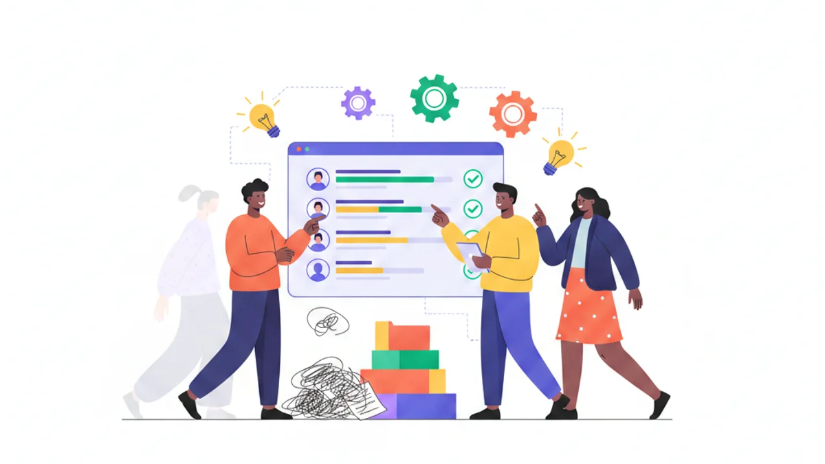 A scale-up hiring team gathered around a shared candidate scorecard on a dashboard, with clear skill-score bars and check marks replacing a messy stack of CVs beside them. Visual metaphor: order emerging from chaos as the company grows. Modern flat illustration, confident and energetic mood, against a green gradient background matching the hero.